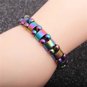 Iridescent magnetic bead bracelet for women featuring round and square rainbow hematite stones