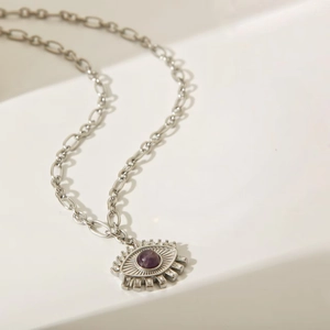 Light purple Evil Eye pendant necklace in 18k gold plated stainless steel for women
