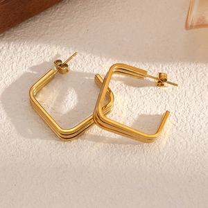 Gold triple-layer geometric square earrings made of polished stainless steel for women