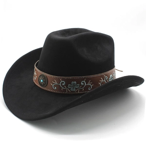 Vintage black wool western cowboy hat with floral embroidered leather band and turquoise stud