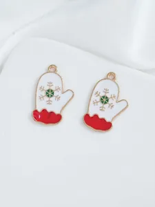 Detail of white enamel Christmas glove charms with gold snowflake for jewelry making
