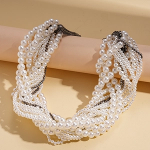 Detail of multi-layer faux pearl necklace with sparkling rhinestones and baroque style