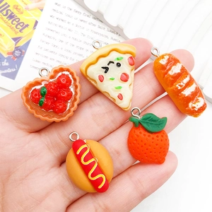 Handheld set of five creative resin food pendants including pizza and orange slices