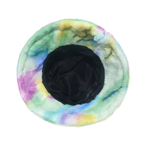 Top view of rainbow tie-dye faux fur bucket hat showing soft texture and black lining