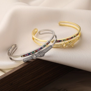 Luxe leopard head open bangle with colorful zircons in gold and silver finishes
