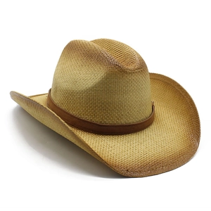 Cappello da cowboy in paglia classico con sfumatura marrone e cinturino in pelle
