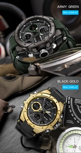 Detailed comparison of Army Green and Black-Gold dual-display outdoor sport watches