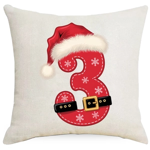 Christmas pillow cover featuring red number 3 with Santa hat on linen fabric background