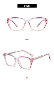 Front and side view of pink anti-blue light glasses with transparent frame and metal core