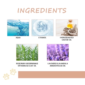Detailed ingredients list featuring rosemary and lavender oils for pet potty training spray
