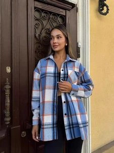 Women's vintage blue and orange plaid wool blend shacket in a relaxed longline fit