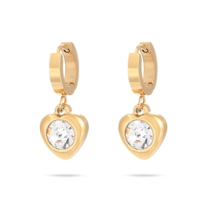 Elegantes pendientes de corazón en oro de 18K con circonitas sobre fondo blanco puro