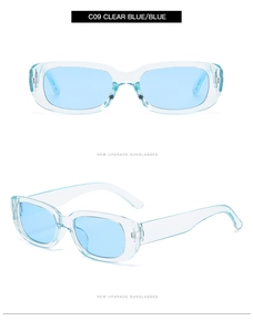 Detailed views of light blue rectangle sunglasses with transparent frame and blue lenses