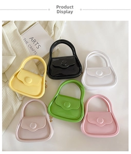 Flat lay of mini macaron jelly bags in six vibrant colors with glossy PVC finish