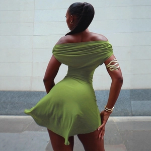 Slim fit grass green off-shoulder dress with textured ruching for women summer fashion