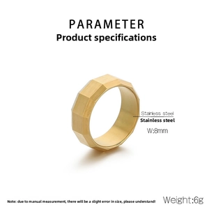 Macro shot of 8mm gold brushed geometric ring with stainless steel material specs