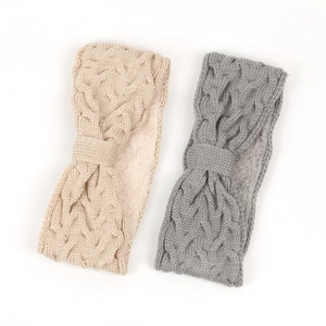 Detail of cable knit headbands in beige and grey featuring warm fleece lining