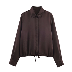 Blusa In Satin Da Donna Manica Lunga Tinta Unita Orlo Con Coulisse Marrone Elegante Camicia Con Bottoni Top Casual
