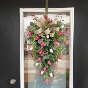 Artificial Tulip Flower Wreath Teardrop Swag With Burlap Bow For Front Door Wall Farmhouse Christmas Hanging Decor