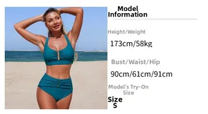 Detail view of dark teal two-piece bikini with metal buckle and model sizing info
