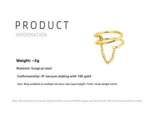 Macro detail of 18K gold plated double layer steel ring with dangling chain specs
