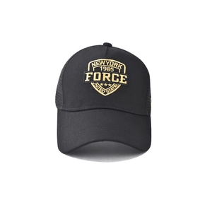 Detailed golden shield embroidery featuring New York 1985 Force on a black cotton cap