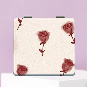 Detail of Y2K style lip print folding makeup mirror with beige leather texture