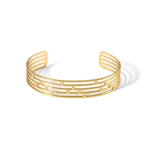 Detail view of multilayered 18K gold-plated stainless steel cuff with beaded accents