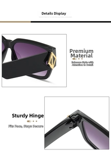 Close-up of hip hop square sunglasses with gold metal logo and reinforced metal hinges