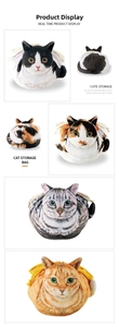 Detailed views of plush cat head drawstring bags showing front, side and back textures