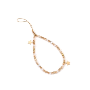 Detail showing golden beads and peach faceted stones with two star charms for phone strap