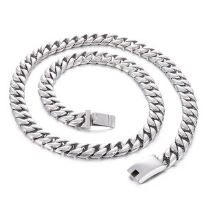 Polished stainless steel 12mm Cuban link chain necklace with secure box clasp