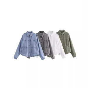 Giacca Camicia Di Denim Donna Larga Casuale Con Bottoni Maniche Lunghe Tasche Grandi Orlo Curvo Capispalla