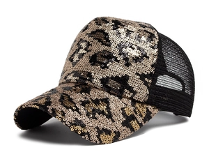 Detail of leopard print sequins and breathable mesh on a stylish baseball cap