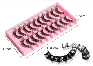 Detailed view of 10 pairs of Russian D curl false eyelashes with package dimensions