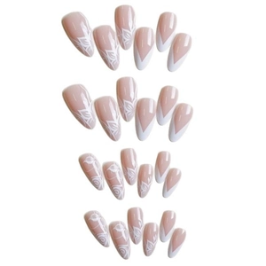 French tip almond fake nails with white floral patterns on nude pink base 24pcs