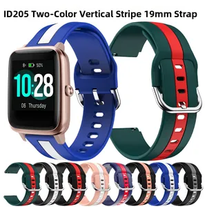 Detail showing various 19mm dual-color striped silicone straps for ID205L smartwatch