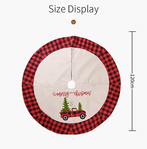 Detailed view of 120cm Christmas tree skirt featuring rustic truck design and size specs