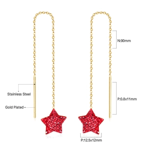 Macro detail of star tassel earrings with dimensions and gold plated stainless steel texture