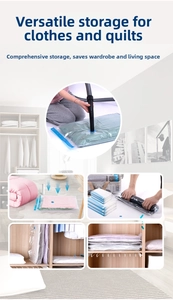 Vacuum storage bag detail showing suction valve and space-saving compression process