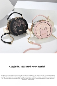 Close-up of cat-ear design round crossbody bag with sequins and gold chain strap