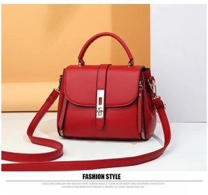 Detail of red textured leather handbag with gold rectangular lock and metal zippers