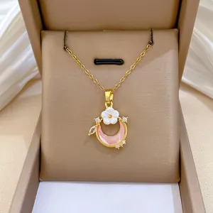 Pendant Necklace Stainless Steel Gold Plated Pink Crescent Moon White Flower Sparkling CZ For Women Sweet Elegant