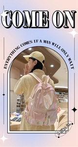 Pink laser backpack for girls shown in a bookstore with adjustable straps and zip closure