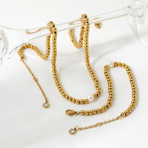 Stainless Steel Beaded Necklace And Bracelet Jewelry With Faux Artificial Pearl And Zircon Minimalist Elegant Fashion Women
