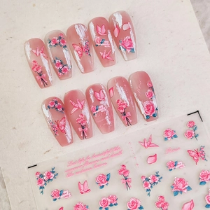 Adesivi per unghie 5D rose rosa con disegni di farfalle e gru origami per manicure