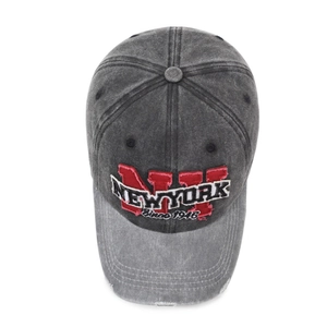 Vintage washed dark grey cotton baseball cap with red New York embroidery and distressed detail