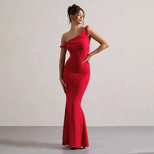 Red off-shoulder fishtail maxi dress showing slim fit silhouette and knotted detail