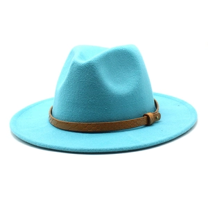 Close-up of light blue wool fedora hat featuring a brown snakeskin leather band detail