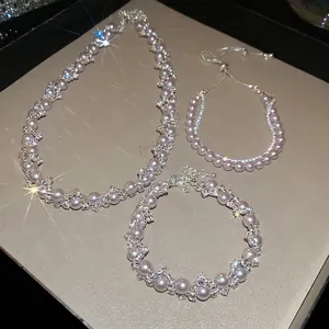 Manta Rose Artificial Pearl Necklace Bracelet Fashion Jewelry French Retro Light Luxury Zircon Alloy Accessories For Women Elegant